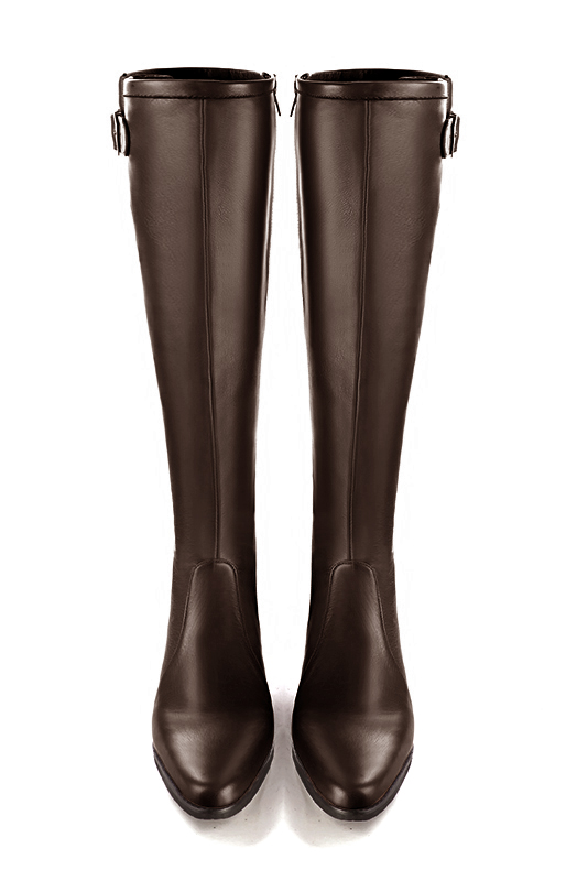 Dark brown women's knee-high boots with buckles. Round toe. Low leather soles. Made to measure. Top view - Florence KOOIJMAN